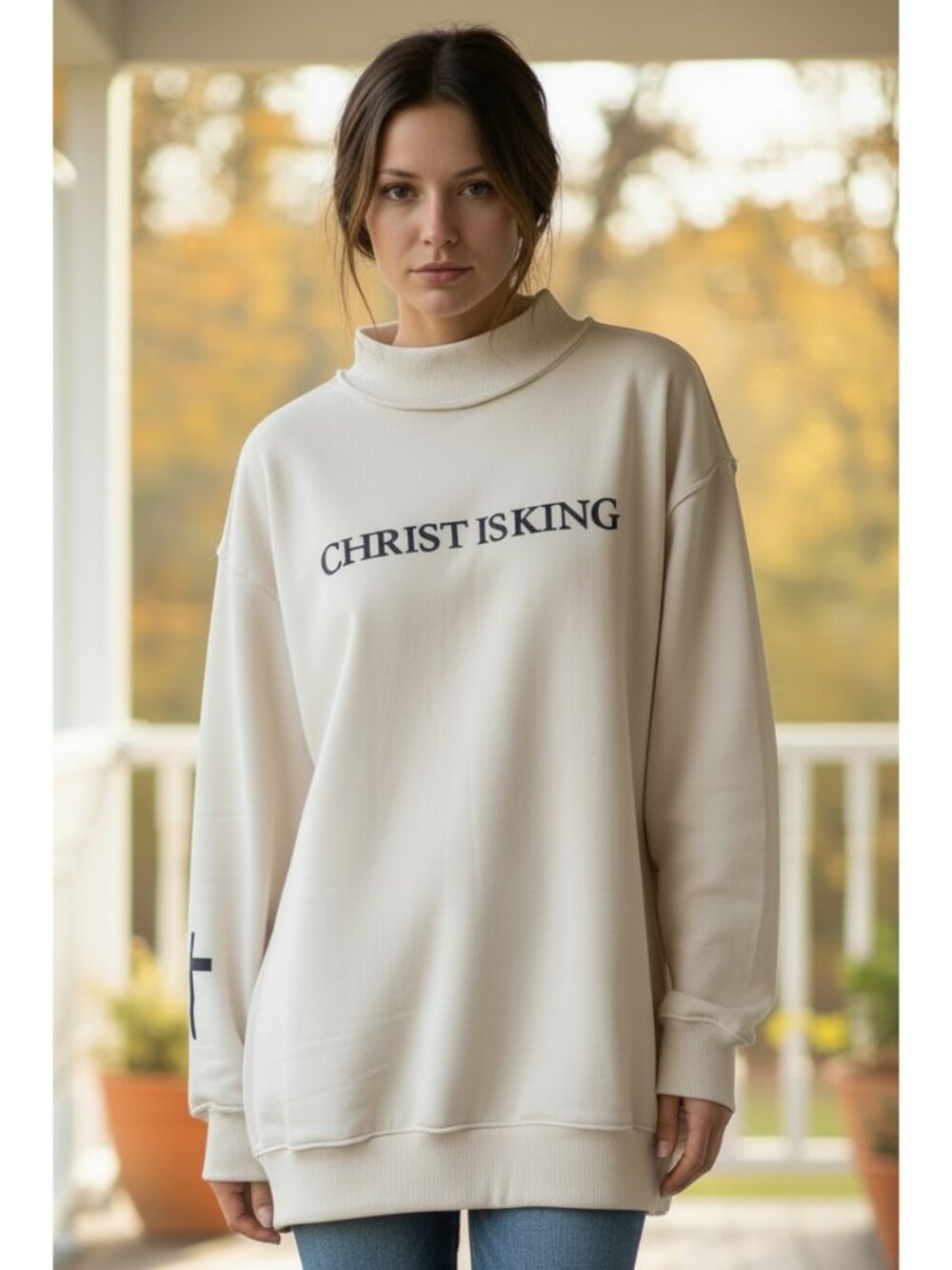 Christ Is King Embroidered Mock Neck Exposed Seam Baggy Jesus Oversized Sweater